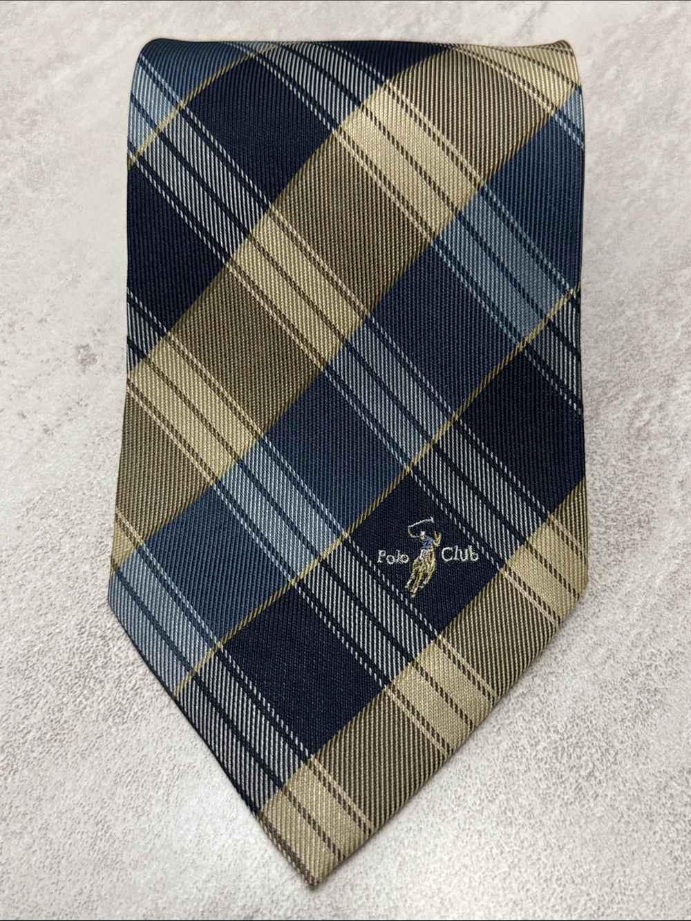 Men's Plaid Tie in Navy and Tan - Picture 4 of 4